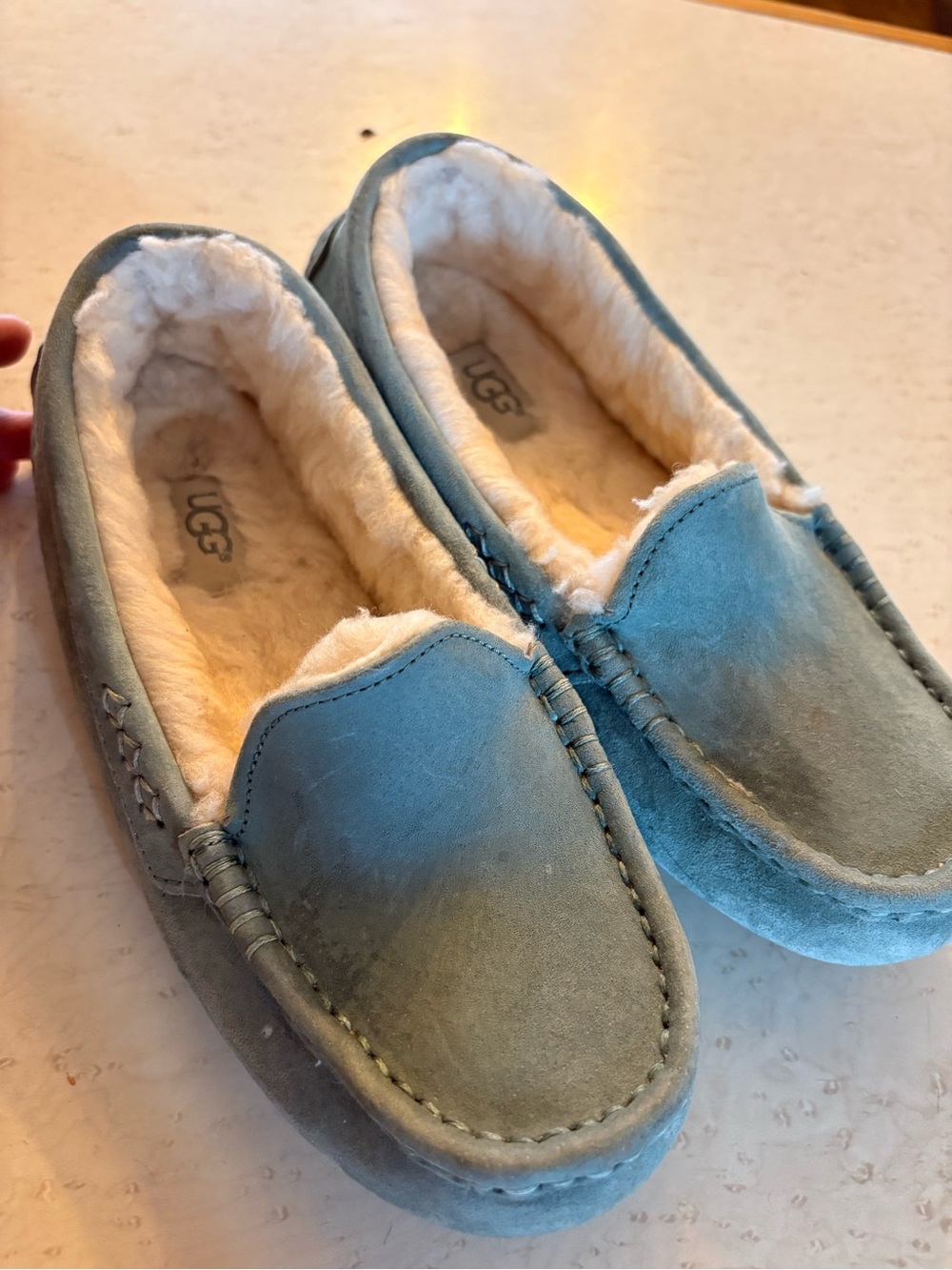 UGG Light Blue Suede Moccasin Slippers with Shearling
